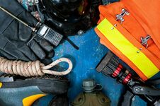 Free Outfit Of Firefighter Placed On Old Table Background. Royalty Free Stock Image - 122028766