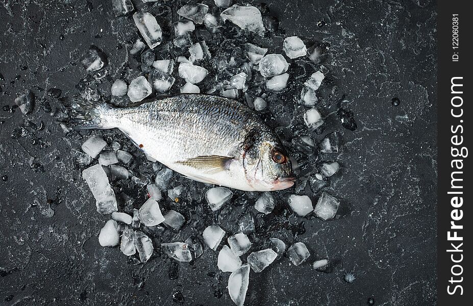 Raw fresh dorado on ice over dark stone background.