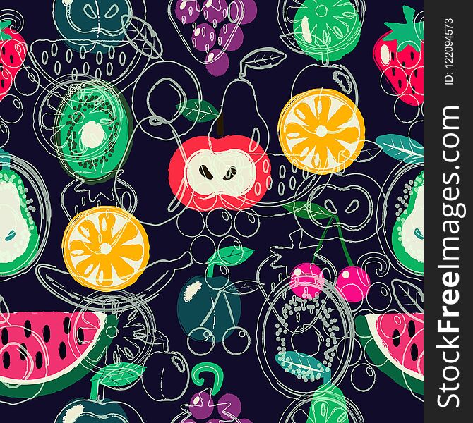 Fruits seamless pattern. Concept for restaurant menu backdrop, smoothies bar, eco market. Hand drawn style.