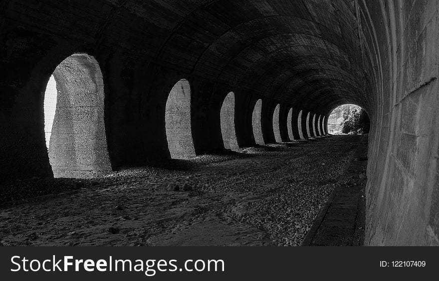 Tunnel, Arch, Black And White, Infrastructure