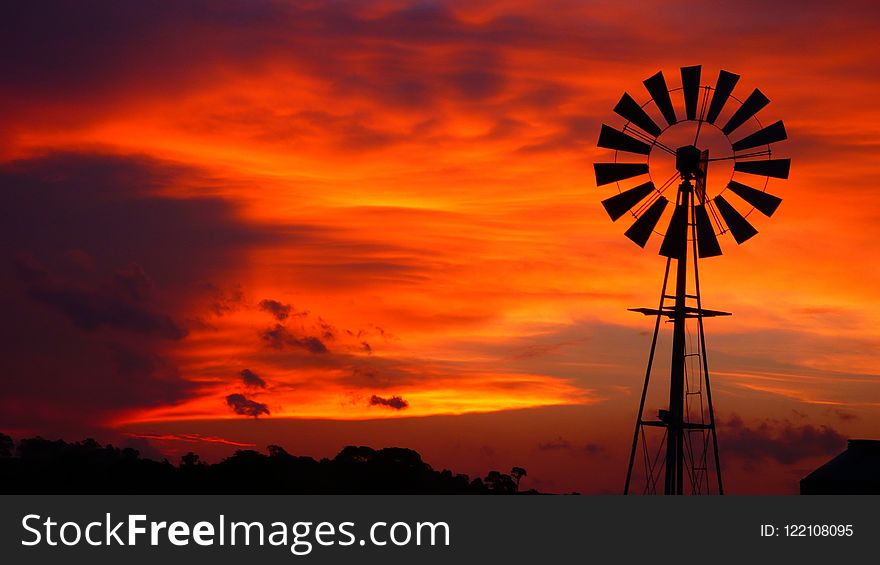 Sky, Afterglow, Windmill, Wind