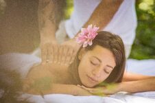 Image Of Brunette Women Enjoy In Massage At Nature. Stock Image