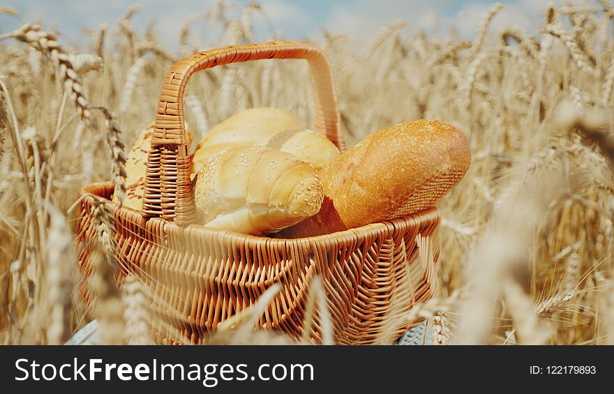 Basket With Bread And Rolls On The Field Of Mature Yellow Wheat. Good Harvest And Fresh Organic Products Concept