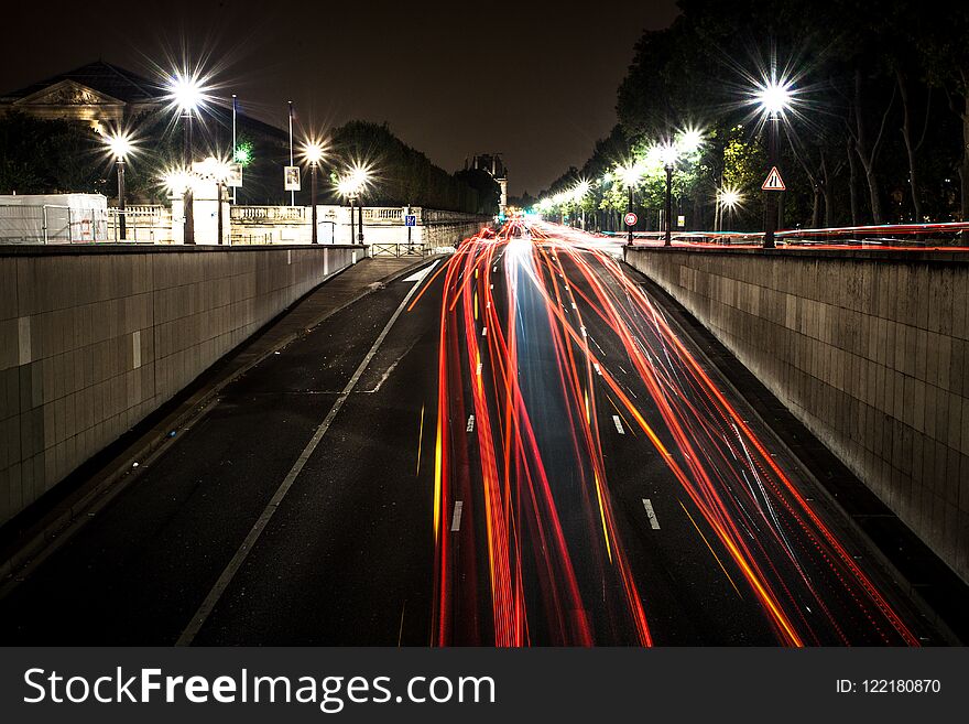 Red and white lines of car`s lights at night