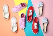 Flat Lay Composition With Stylish New Shoes Stock Photography Flat Lay Composition With Stylish New Shoes Stock Photography