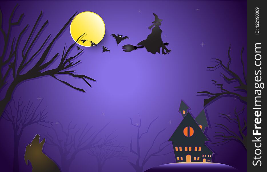 Young Witch Flying On Broom And Fox Silhouette Halloween Paper A