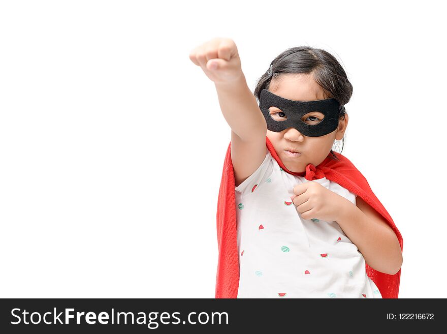 ttle child plays superhero isolated on white background, Girl power concept. ttle child plays superhero isolated on white background, Girl power concept.