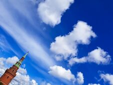 Blue Sky Background With Moscow Kremlin Tower In Left Corner Royalty Free Stock Photos
