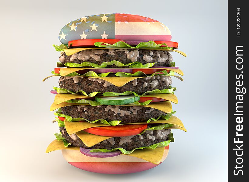 Hamburger with USA flag printed over the bread. Hamburger with USA flag printed over the bread