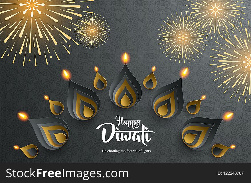 Background with the paper graphic of Indian Rangoli and fireworks. Background with the paper graphic of Indian Rangoli and fireworks.