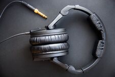 Musical Equipment, Professional Studio Black Headphones And Jack Cord. View From Above Stock Image