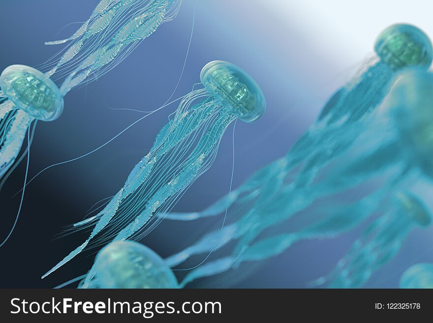 3d Rendering, The Jellyfish In Blue Ocean Background