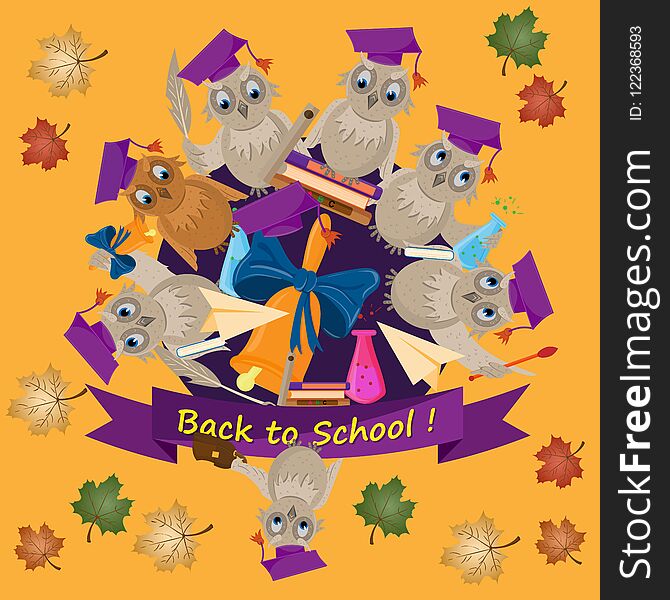 Vector, flat illustration on school theme, bird owl holding various school subjects for learning, test tube book, briefcase for textbooks, maple leaves banners back to school. Vector, flat illustration on school theme, bird owl holding various school subjects for learning, test tube book, briefcase for textbooks, maple leaves banners back to school