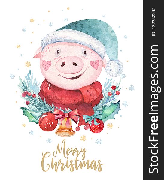Watercolor cute Pig symbol 2019 illustration. Isolated funny cartoon ping animal Happy Chinese New Year piggy poster.