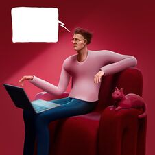 Cartoon Man Sitting On A Sofa Looking At The Screen Of His Laptop 3D Illustration Stock Photo