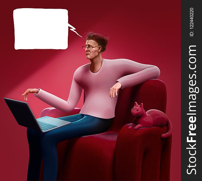 Cartoon man sitting on a sofa looking at the screen of his laptop 3D rendered illustration