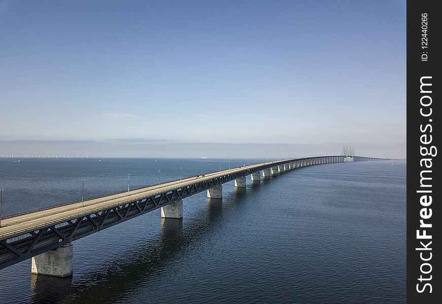 Aerial view of Oeresund Bridge from Sweden