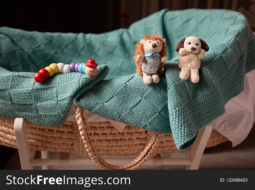 Baby basket and toys. Caterpillar, plush hedgehog and dog.
