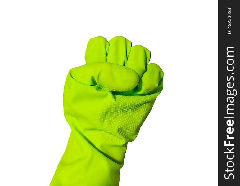 Fist with hand in green vinyl glove. Isolated on white with clipping path. Fist with hand in green vinyl glove. Isolated on white with clipping path