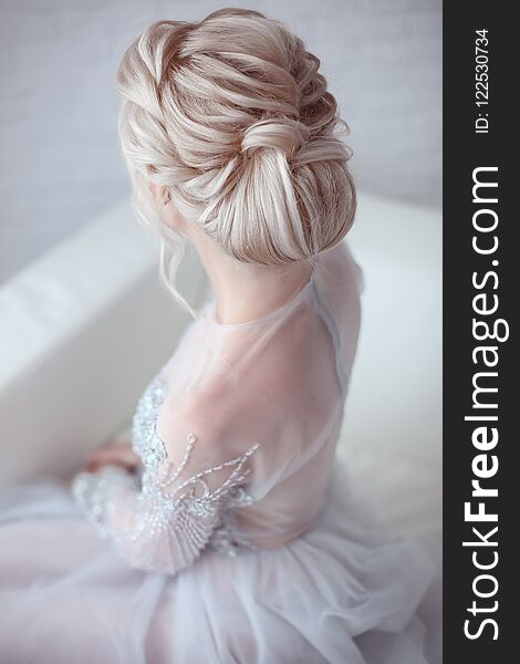 Beauty Wedding Hairstyle. Bride. Blond Girl With Curly Hair Styling. Back View Of Elegant Lady In Bridal Dress.