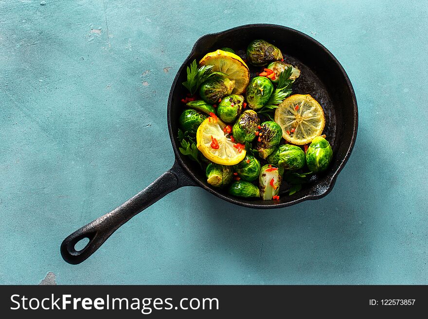 Fried broccoli cast iron pan top view Healthy Vegetarian Food
