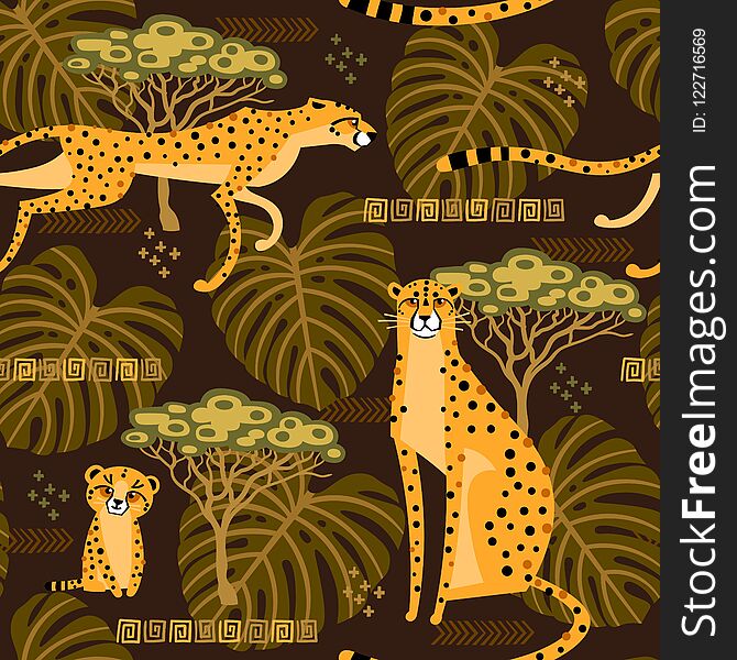 Seamless pattern with cheetahs, leopards in the jungle. Repeated exotic wild cats in the background of the savannah