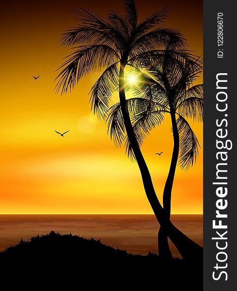 Illustration of Palm tree silhouette. Palm tree leaves on summer background