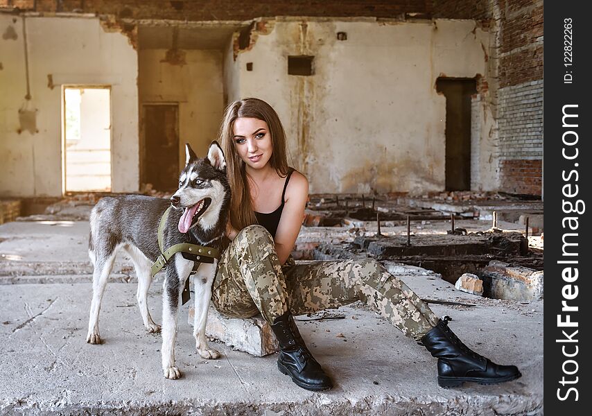 Beautiful Military Girl With Husky