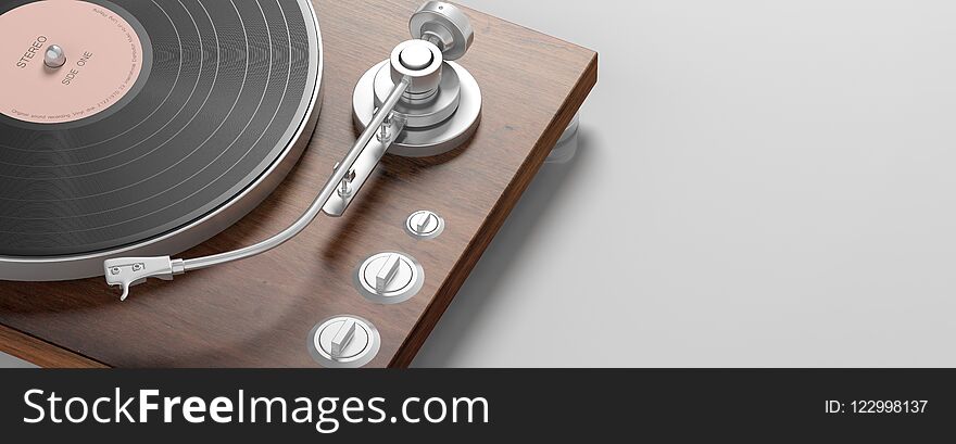 Vinyl LP record player closeup on grey background, banner. 3d illustration