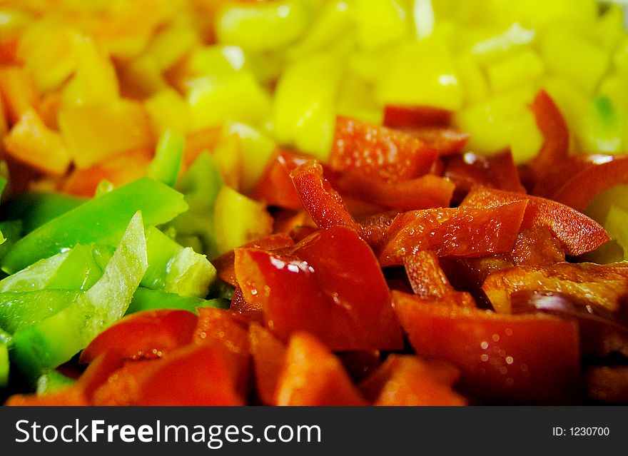 Four colors slice of paprika. Red slices in front of view. Four colors slice of paprika. Red slices in front of view