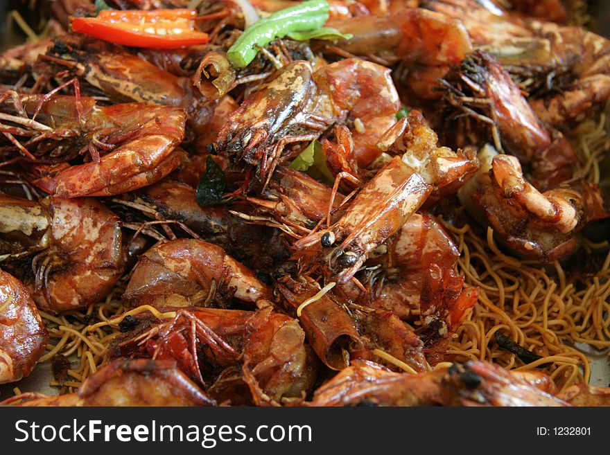 Large tiger prawns cooked in a dry assam jawa style