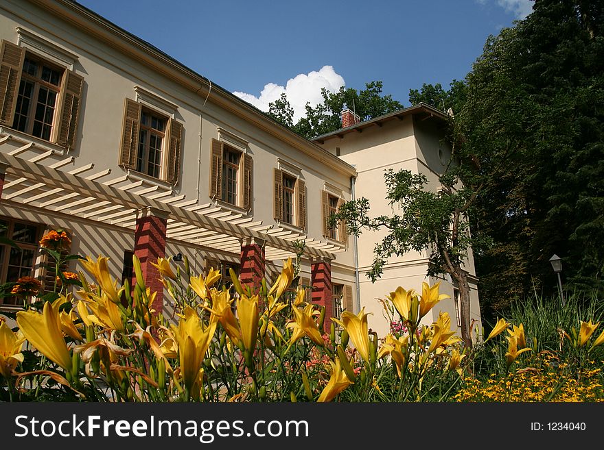 Old house in a garden with yellow flowers in the foreground. Old house in a garden with yellow flowers in the foreground