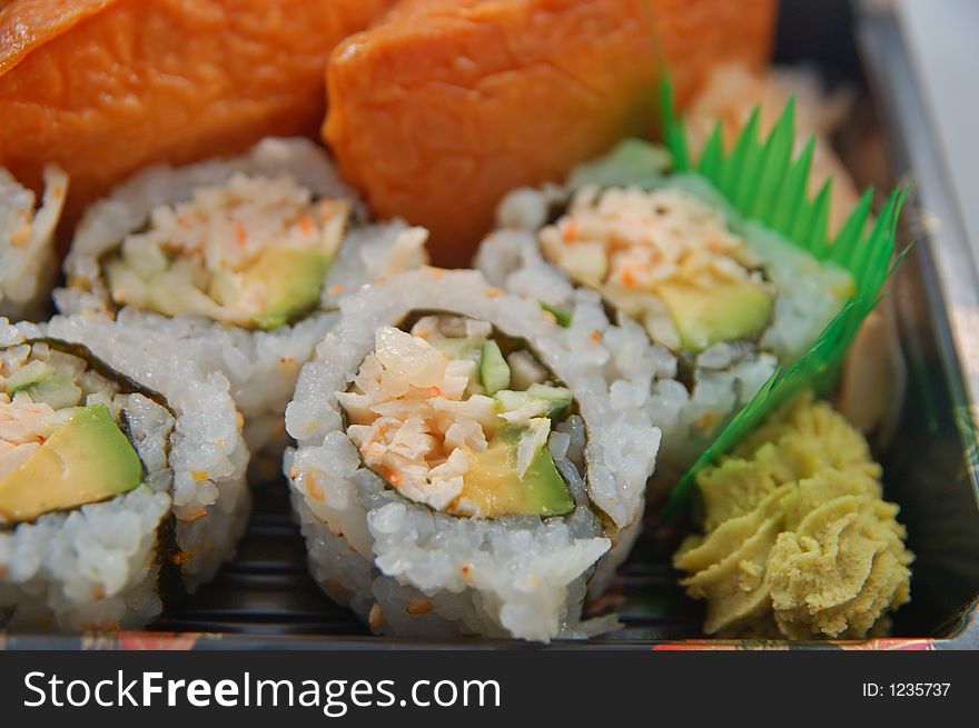 California rolls and other types of sushi. California rolls and other types of sushi