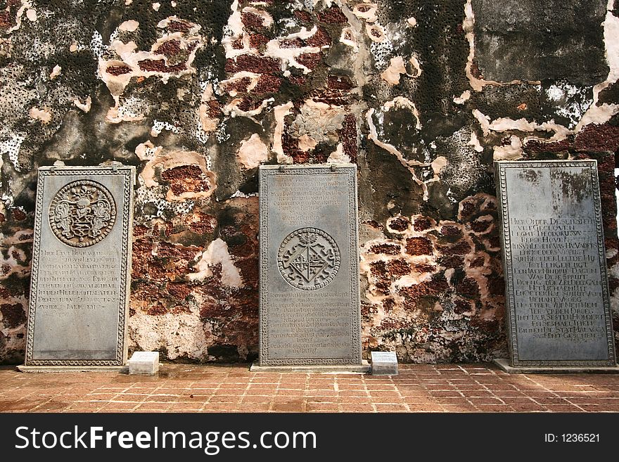 TombStones on display in the ruins of St Paul Church, Malacca, Malaysia