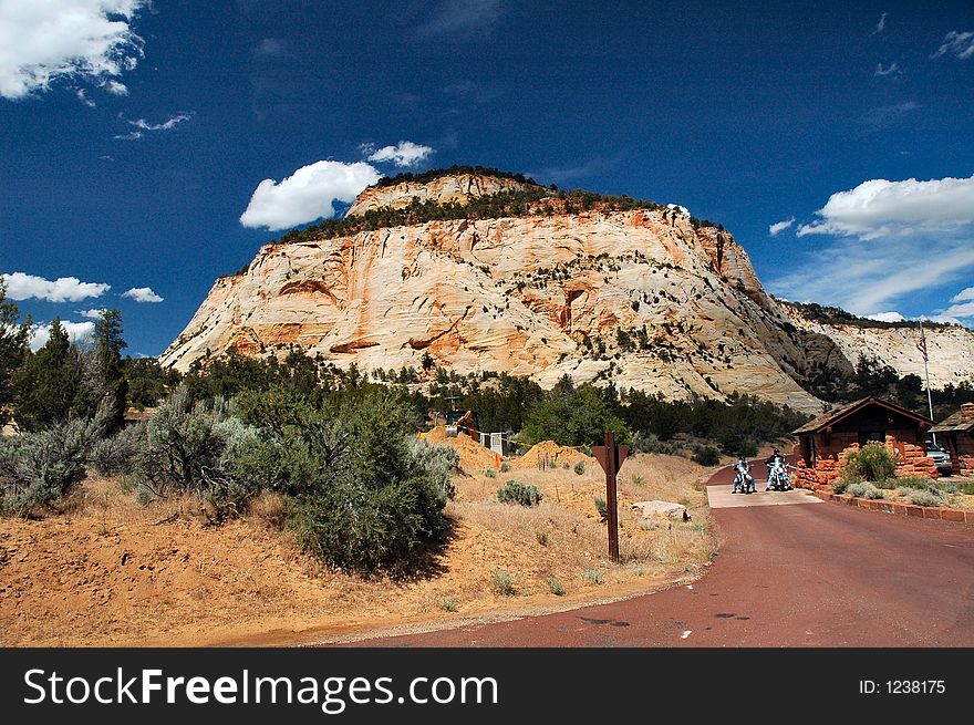 Zion National Park Gate with motor cycle visitors