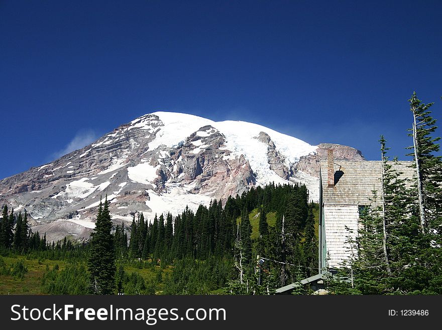 Snow covered summit of Mt. Rainie and Cabin.  Scene before hiking