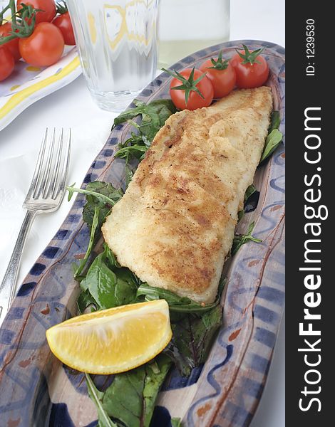 Fish And Salad On Earthenware Platters; Water Glass