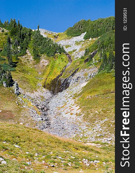 Waterfall of glacier melt along the hiking trail of Mt. Rainier.  Trees and grass