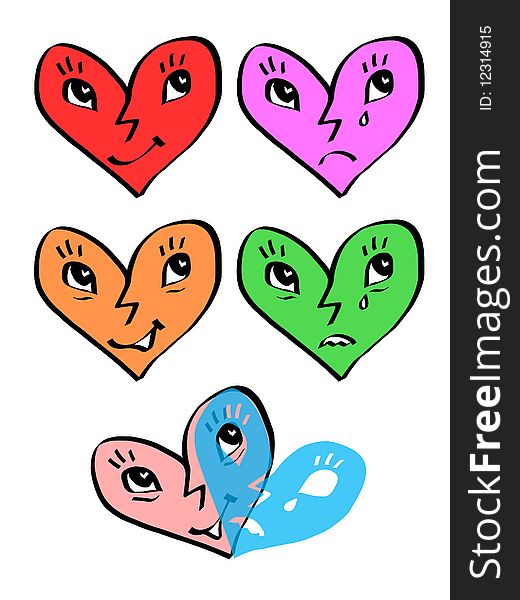 A set of coloured heart faces with different emotions. *** If you need more variations on this theme, feel free to contact me (leave a comment via Tools tab). ***. A set of coloured heart faces with different emotions. *** If you need more variations on this theme, feel free to contact me (leave a comment via Tools tab). ***