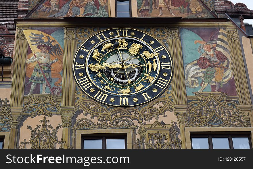 Clock, Wall, Facade, Mural