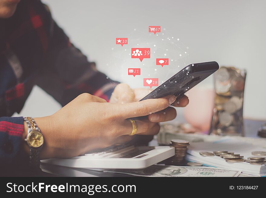 Asia Woman `s Hands Using Smartphone,mobile Phone With Happy.