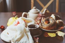 Cozy Autumn Breakfast On Table In Country House. Stock Photos