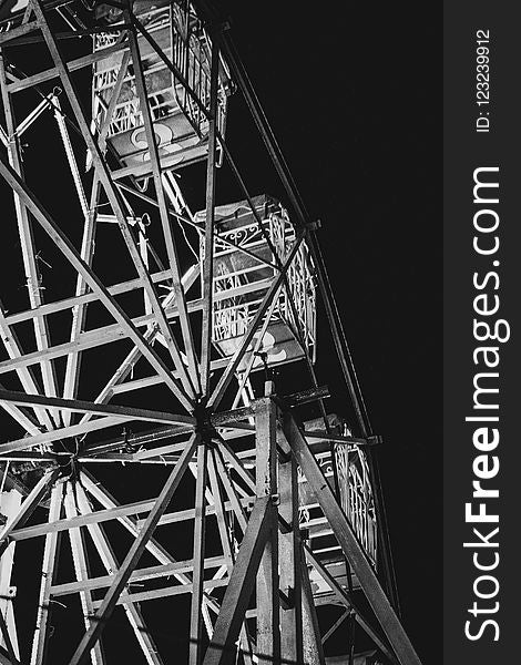 Ferris Wheel, Black, Landmark, Black And White