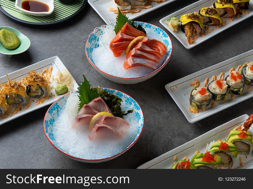 Various sushi and sashimi