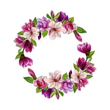 Spring Wreath Of Magnolia Flowers In Watercolor Style On A White Background. Royalty Free Stock Image