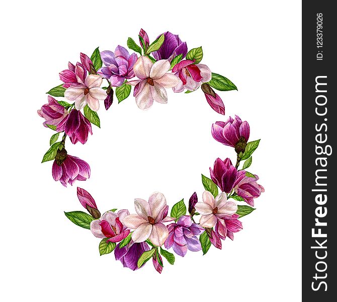 Spring wreath of magnolia flowers in the watercolor style on a white background. Watercolor, wedding frame, handmade, pattern, illustration. Spring wreath of magnolia flowers in the watercolor style on a white background. Watercolor, wedding frame, handmade, pattern, illustration.
