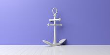 White Ship Anchor Isolated On White Wooden Floor, Blue Wall Background. 3d Illustration Royalty Free Stock Photos