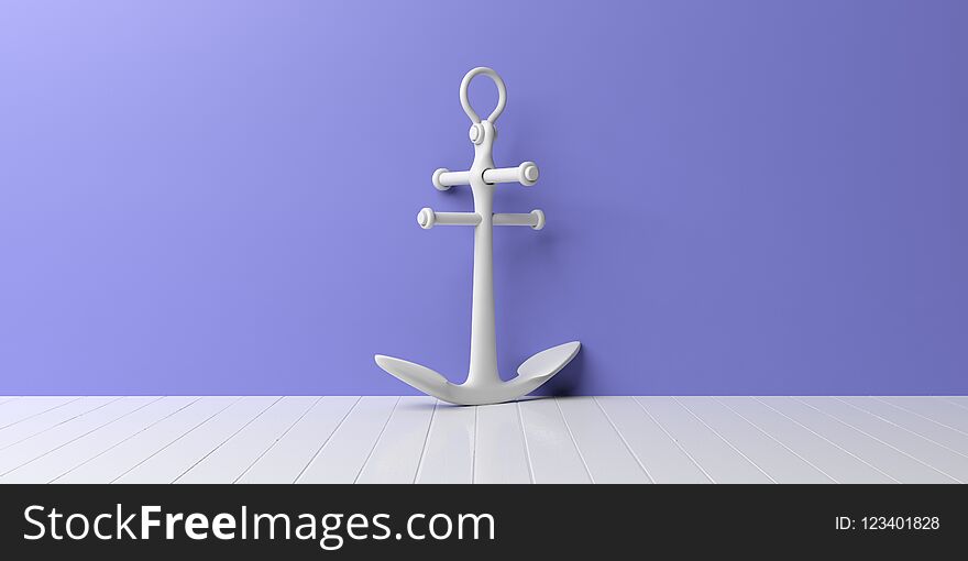 Marine concept. White ship anchor isolated on white wooden floor, blue wall background. 3d illustration