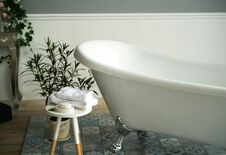 Interior With White Bath And Indoor Flowers Royalty Free Stock Photography