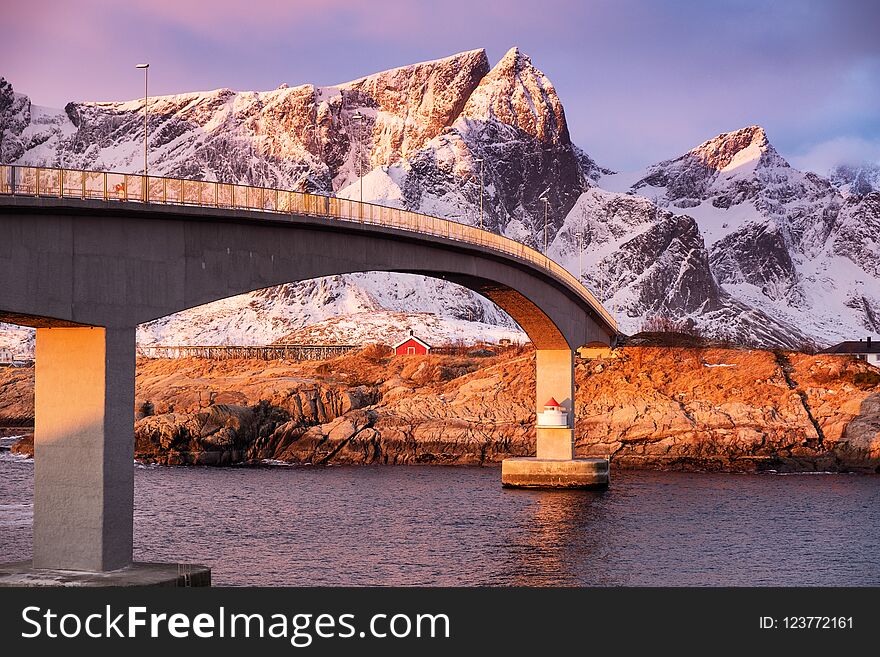Bridge on the Lofoten islands, Norway. Beautiful natural landscape during sunrise.